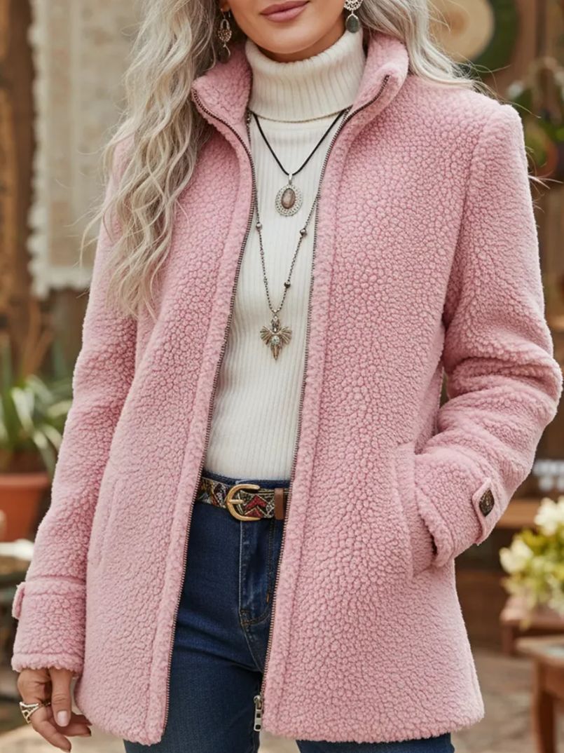 Womens Stand-Up Collar Solid-Color Loose Casual Long-Sleeve Fleece Zip-Up Jacket