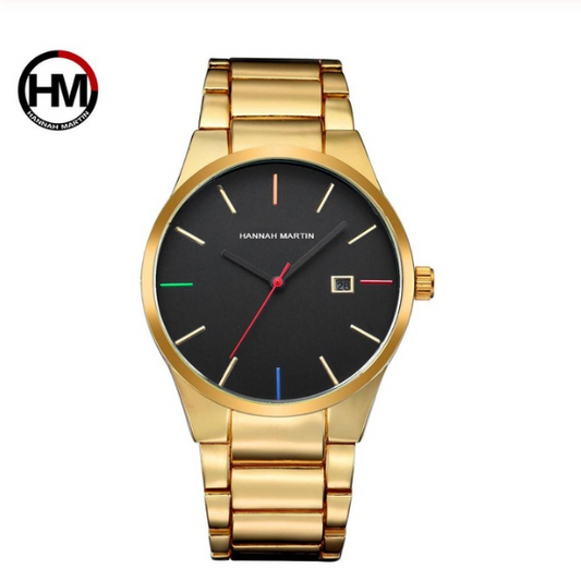 Unisex Gold Quartz Watch – IP Vacuum-Plated Steel Strap, Waterproof, with Calendar