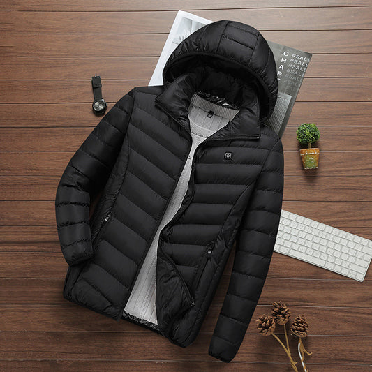 Men’s Heated Winter Jacket – USB Rechargeable, Quick-Dry Cotton Coat with Hood