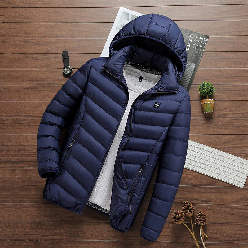 Men’s Heated Winter Jacket – USB Rechargeable, Quick-Dry Cotton Coat with Hood
