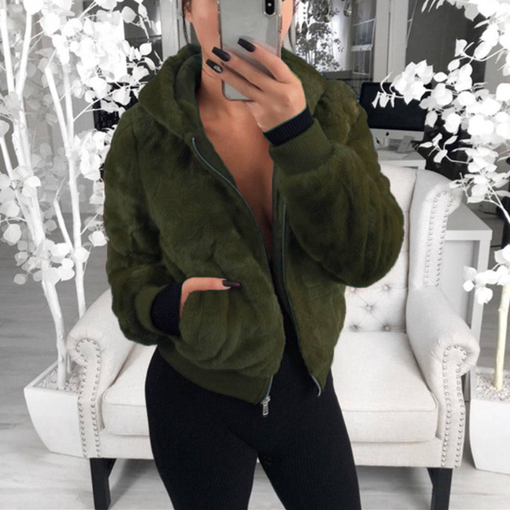European & American Autumn/Winter Women’s Plush Hooded Jacket – Imitation Bunny Fur Coat, Trendy & Cozy Outerwear