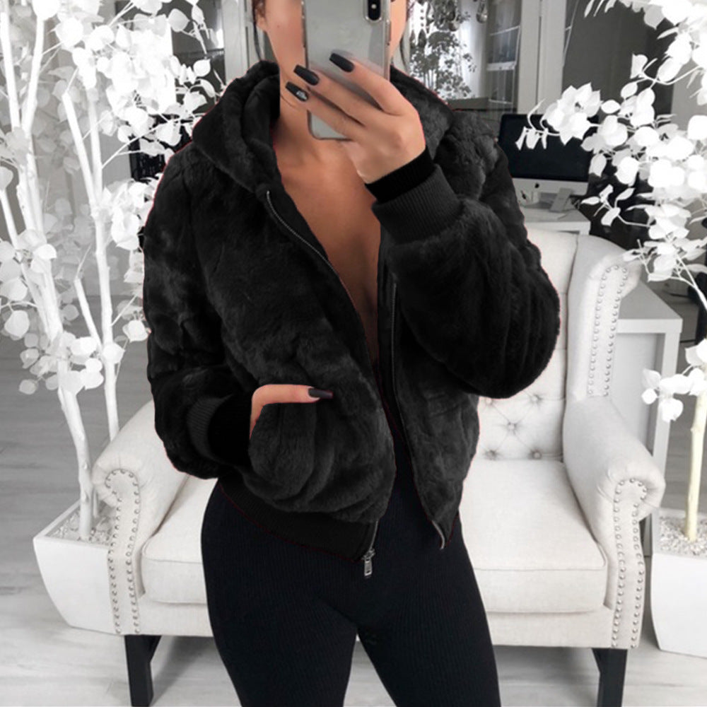 European & American Autumn/Winter Women’s Plush Hooded Jacket – Imitation Bunny Fur Coat, Trendy & Cozy Outerwear