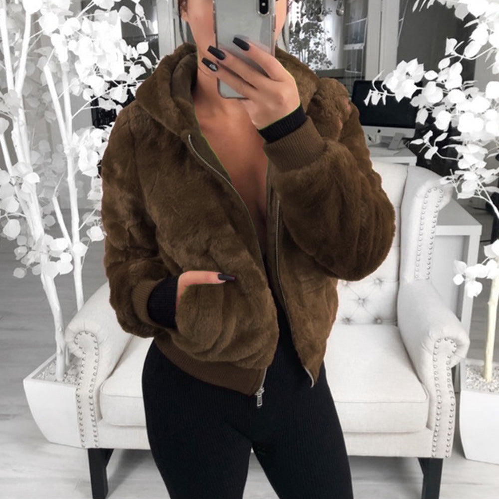 European & American Autumn/Winter Women’s Plush Hooded Jacket – Imitation Bunny Fur Coat, Trendy & Cozy Outerwear