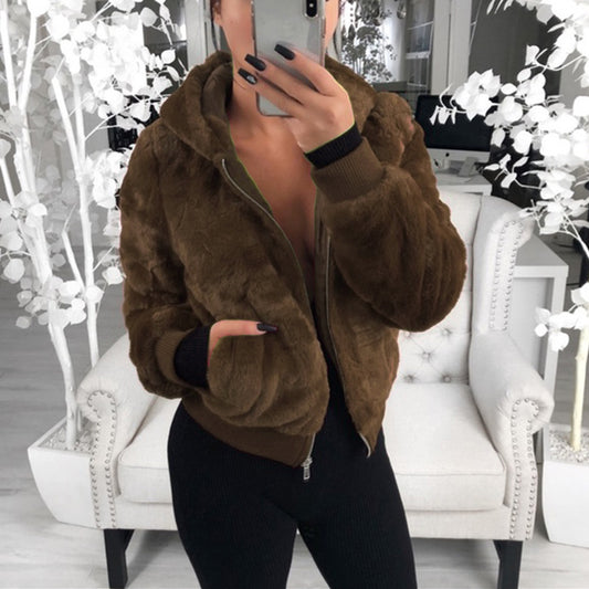 European & American Autumn/Winter Women’s Plush Hooded Jacket – Imitation Bunny Fur Coat, Trendy & Cozy Outerwear