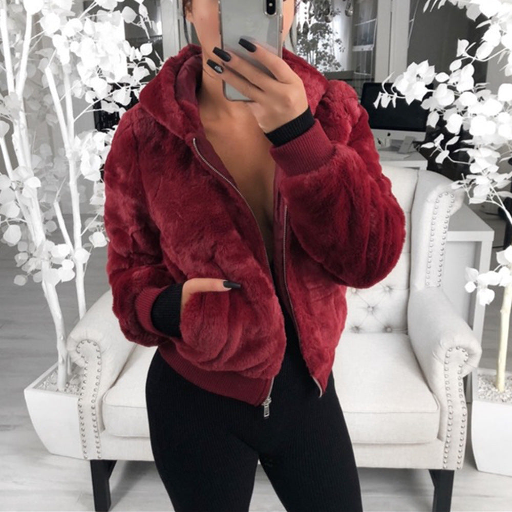 European & American Autumn/Winter Women’s Plush Hooded Jacket – Imitation Bunny Fur Coat, Trendy & Cozy Outerwear
