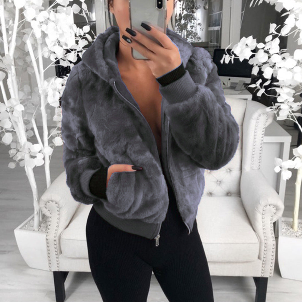 European & American Autumn/Winter Women’s Plush Hooded Jacket – Imitation Bunny Fur Coat, Trendy & Cozy Outerwear