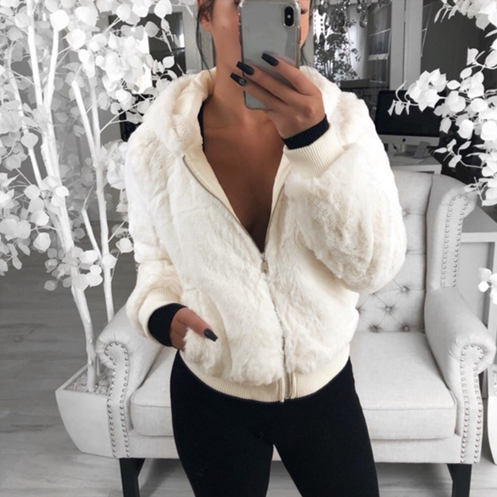 European & American Autumn/Winter Women’s Plush Hooded Jacket – Imitation Bunny Fur Coat, Trendy & Cozy Outerwear