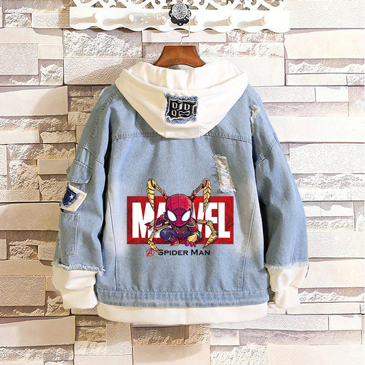 Unisex Marvel Anime Denim Jacket –  Casual Outerwear with Avengers Characters: Spider-Man, Hulk, Captain America