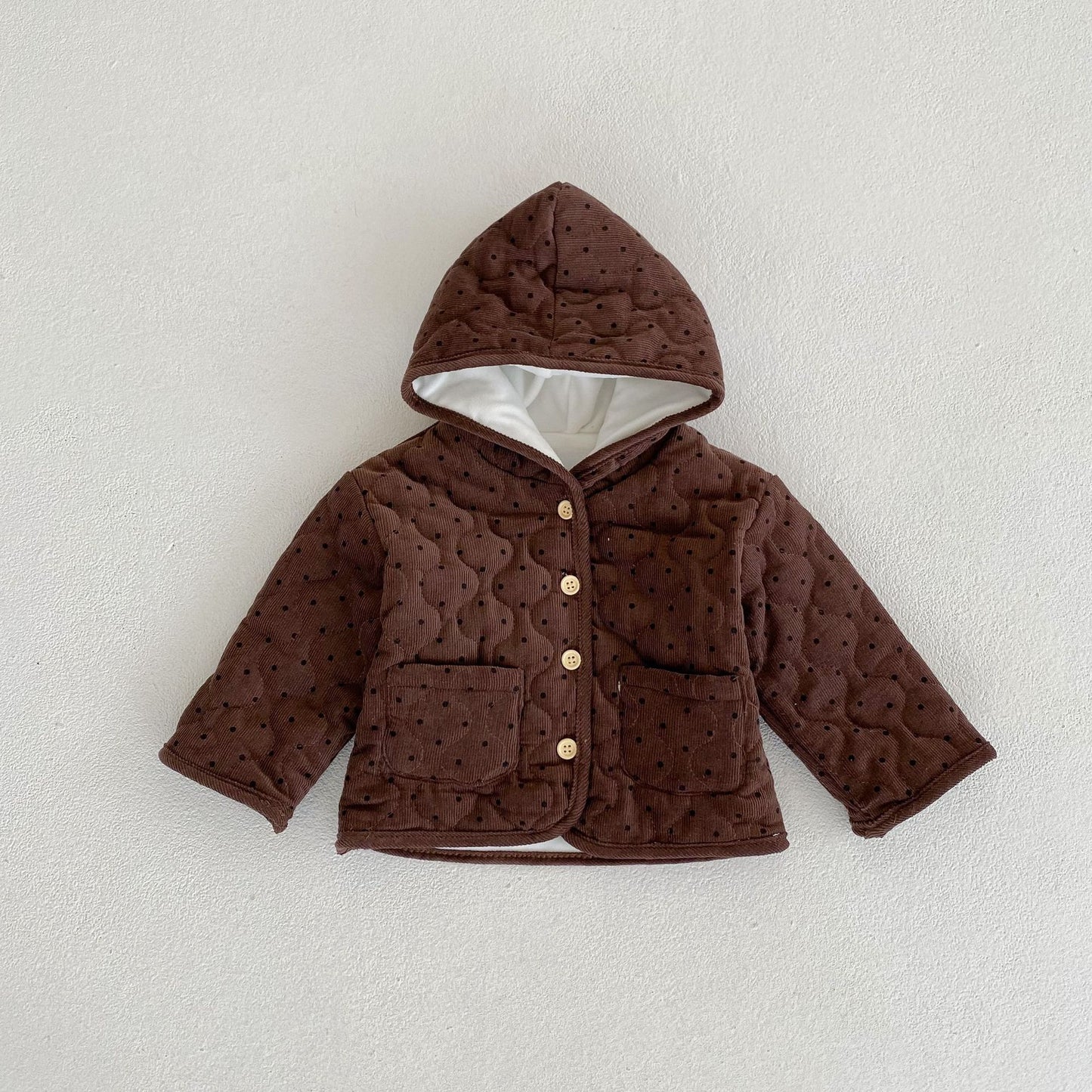 New Baby Cotton Thickened Long Sleeve Dotted Cardigan Hooded Coat