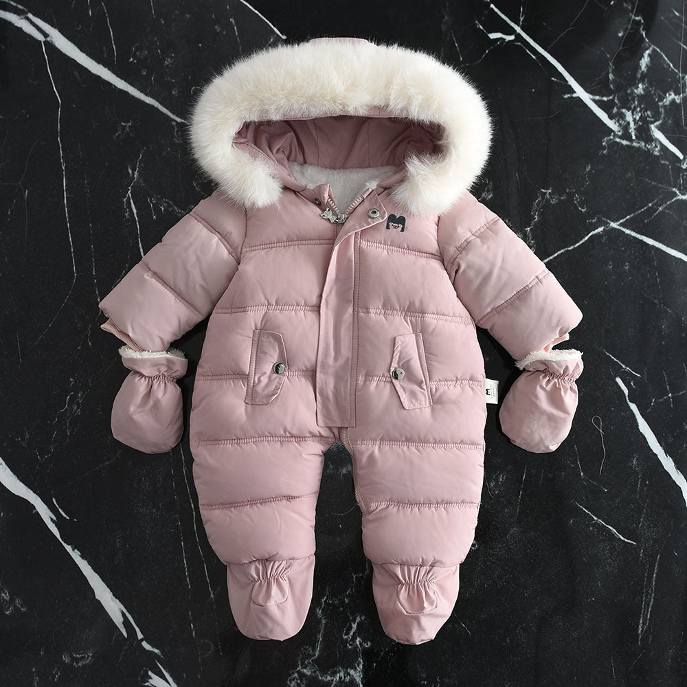Fleece-lined Thick Large Fur Hooded Baby Jumpsuit