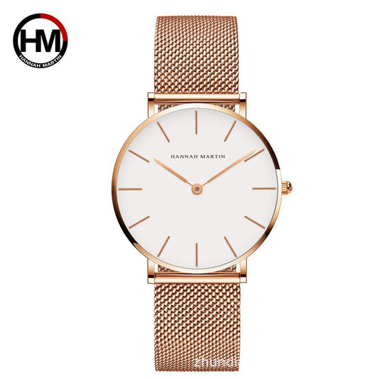 Elegant Ladies' OL Quartz Watch – Japanese Movement, Furnace Gold Plating, Waterproof, Steel Mesh Band