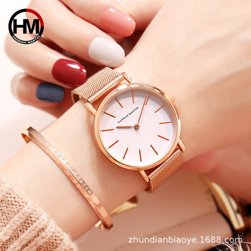 Elegant Ladies' OL Quartz Watch – Japanese Movement, Furnace Gold Plating, Waterproof, Steel Mesh Band
