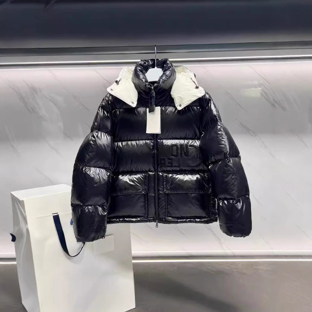 Unisex Lacquered Nylon Down Jacket – M Home 25SS Short Puffer with Detachable Hood