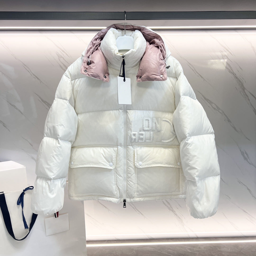 Unisex Lacquered Nylon Down Jacket – M Home 25SS Short Puffer with Detachable Hood