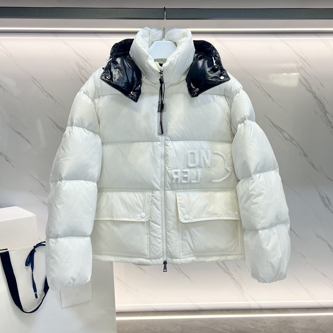 Unisex Lacquered Nylon Down Jacket – M Home 25SS Short Puffer with Detachable Hood