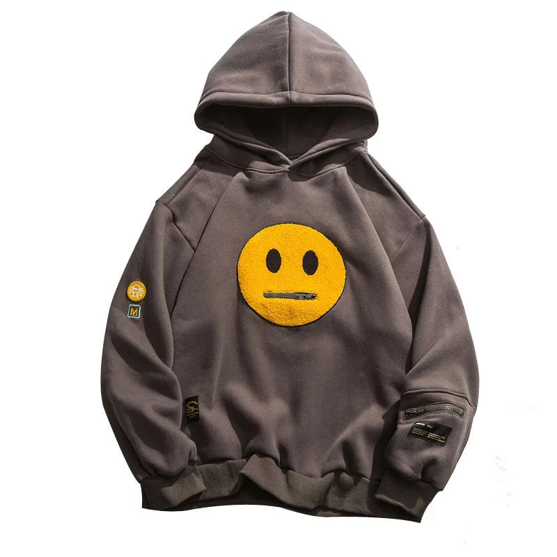 Men’s Streetwear Fleece Hoodie – Pullover Sweatshirt with Zipper Pocket & Smiley Patchwork