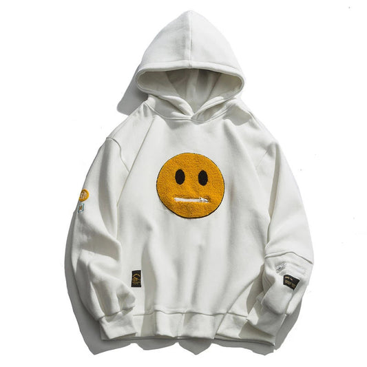 Men’s Streetwear Fleece Hoodie – Pullover Sweatshirt with Zipper Pocket & Smiley Patchwork