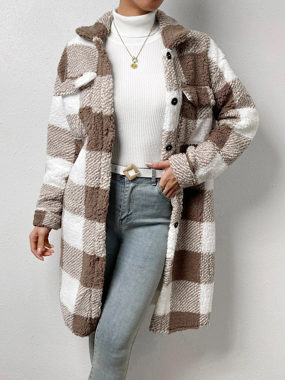 European Style Plaid Long Coat – Women’s Button-Down Plush Jacket for  2025-26 Fall/Winter