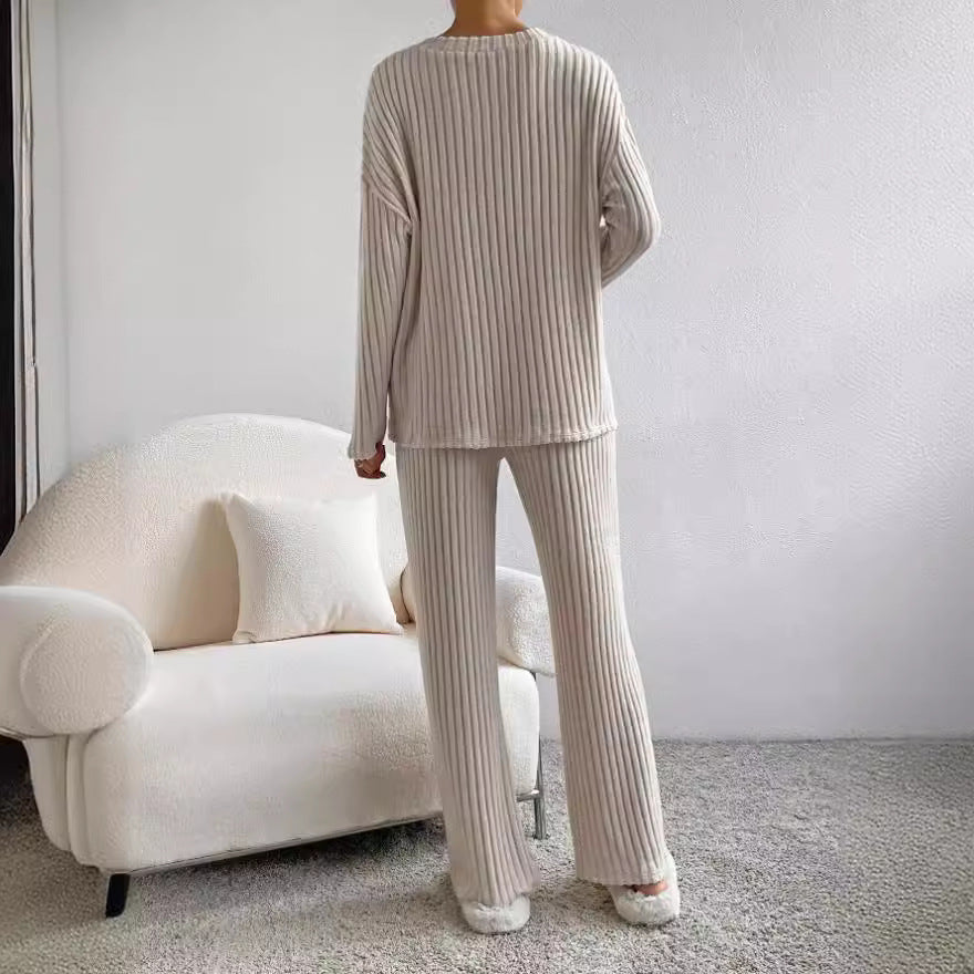 2025 New Autumn Women's Knit Set – Striped V-Neck Top & Straight-Leg Pants | Casual Two-Piece Outfit