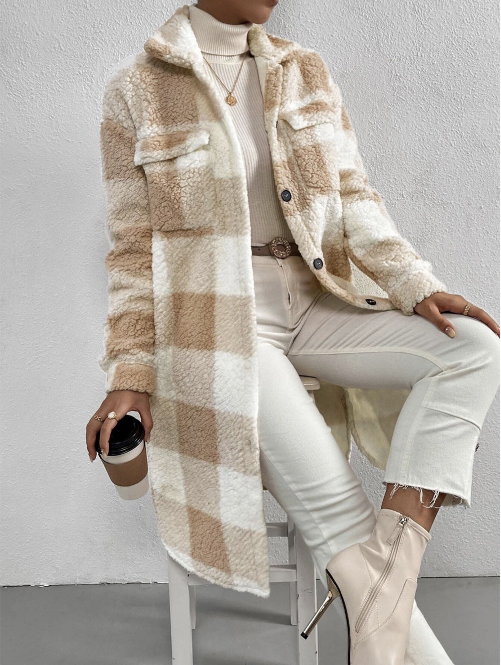 European Style Plaid Long Coat – Women’s Button-Down Plush Jacket for  2025-26 Fall/Winter