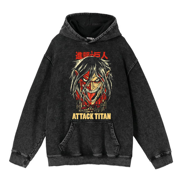 Retro Washed Unisex Hoodie – Titan Anime Peripheral Print | Fashionable Pullover Sweatshirt with Hood