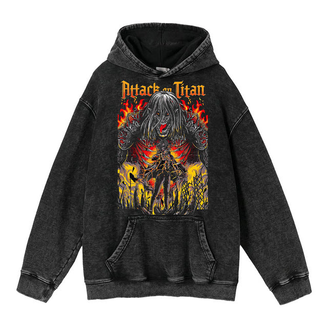 Retro Washed Unisex Hoodie – Titan Anime Peripheral Print | Fashionable Pullover Sweatshirt with Hood