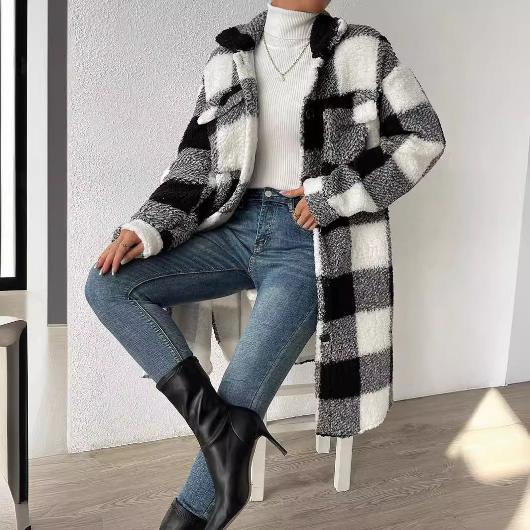 European Style Plaid Long Coat – Women’s Button-Down Plush Jacket for  2025-26 Fall/Winter