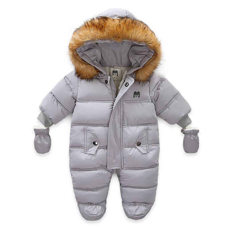 Autumn & Winter Baby Romper – European & American Style Thickened Jumpsuit with Gloves, Plus Velvet Warm Infant Outerwear