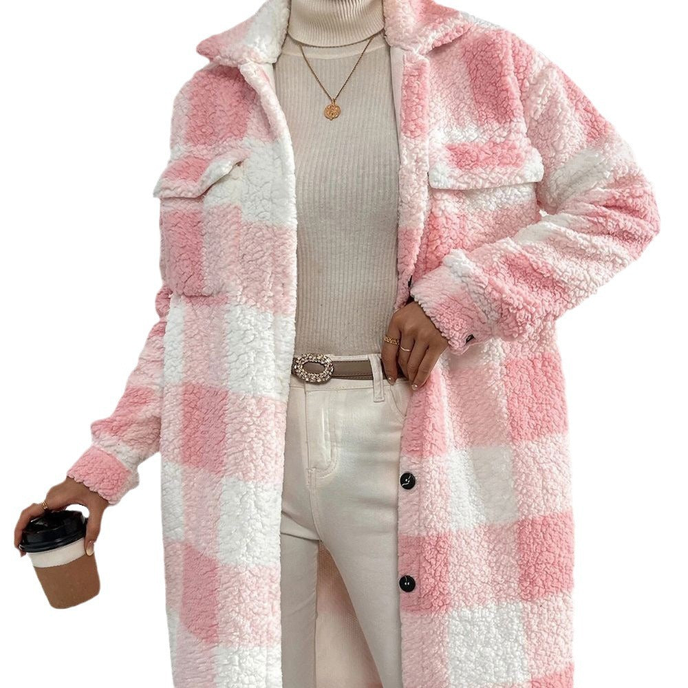 European Style Plaid Long Coat – Women’s Button-Down Plush Jacket for  2025-26 Fall/Winter