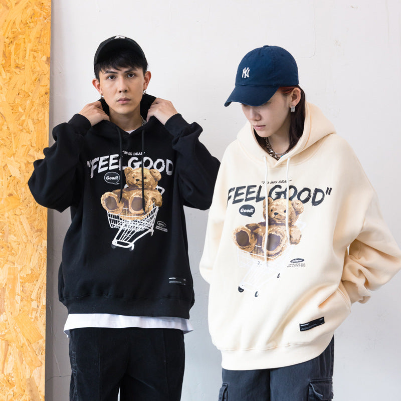 Unisex Loose Hoodie – Autumn/Winter European Streetwear with Bear Graphic | Trendy Couple Pullover