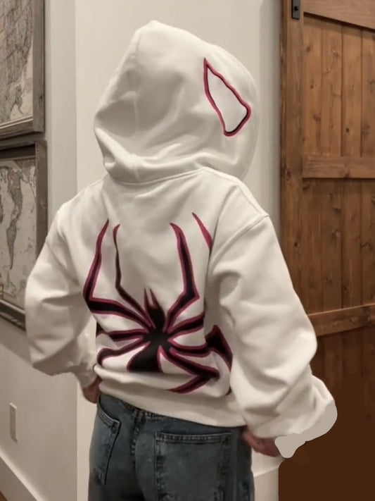 European & American Streetwear Hoodie with Spider Print & Zipper Design