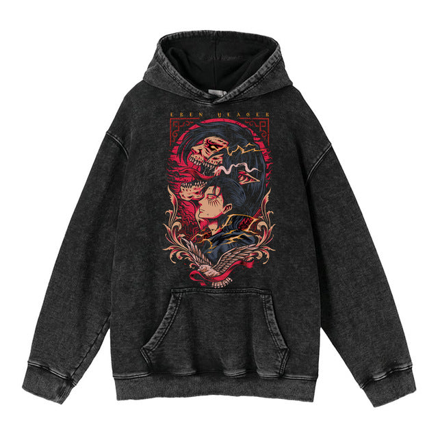 Retro Washed Unisex Hoodie – Titan Anime Peripheral Print | Fashionable Pullover Sweatshirt with Hood