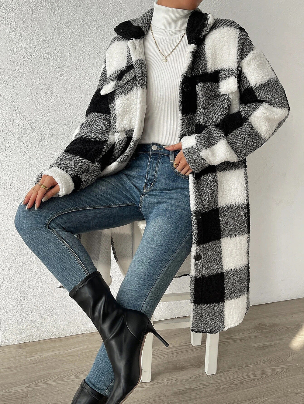 European Style Plaid Long Coat – Women’s Button-Down Plush Jacket for  2025-26 Fall/Winter