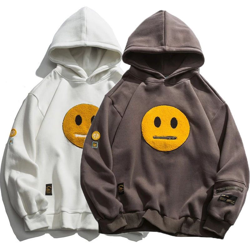 Men’s Streetwear Fleece Hoodie – Pullover Sweatshirt with Zipper Pocket & Smiley Patchwork