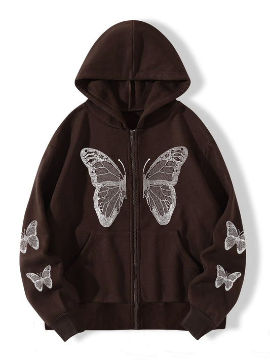 2025 Y2K Butterfly Print Zip-Up Hoodie – Oversized Unisex Streetwear Jacket with Pockets