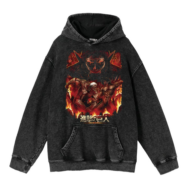 Retro Washed Unisex Hoodie – Titan Anime Peripheral Print | Fashionable Pullover Sweatshirt with Hood