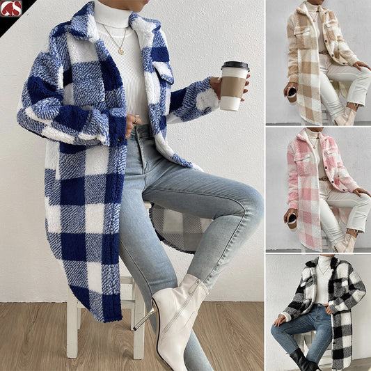European Style Plaid Long Coat – Women’s Button-Down Plush Jacket for  2025-26 Fall/Winter