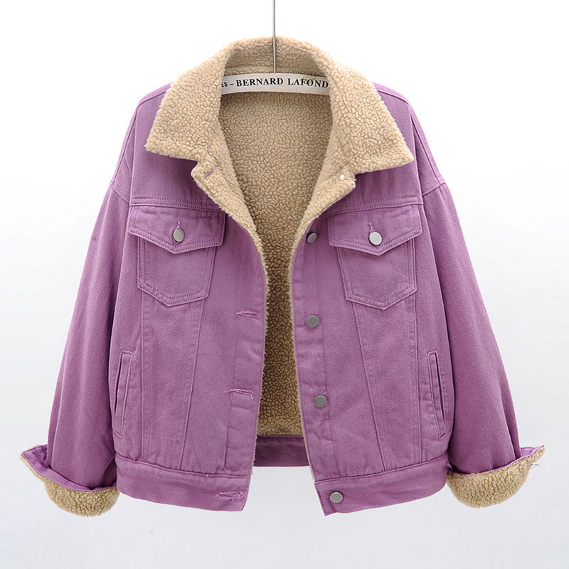 2025 Winter Fashion Denim Jacket for Women – Trendy Style, Spliced Design, Plush Inner