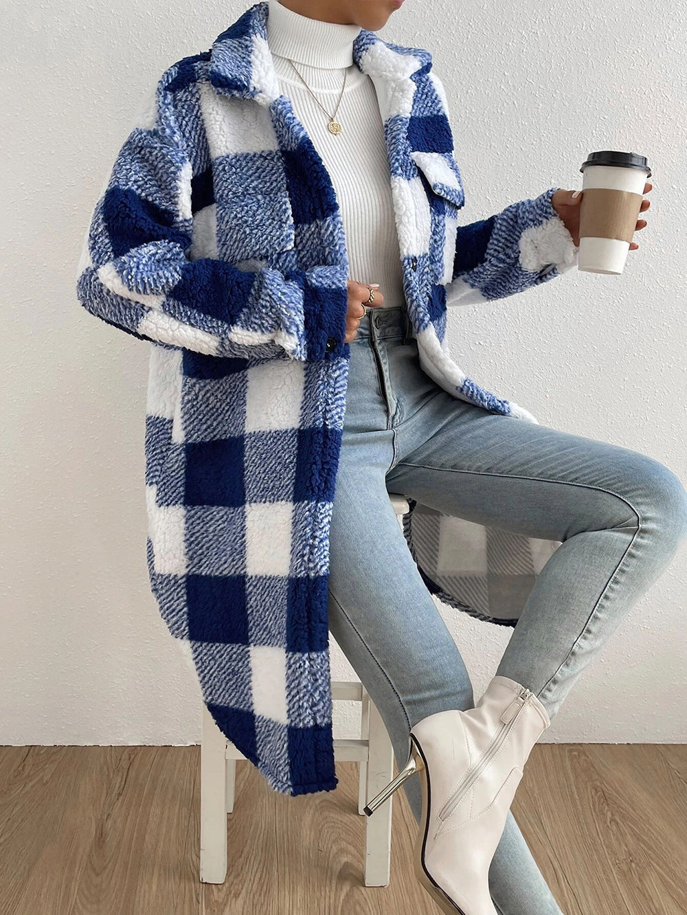 European Style Plaid Long Coat – Women’s Button-Down Plush Jacket for  2025-26 Fall/Winter