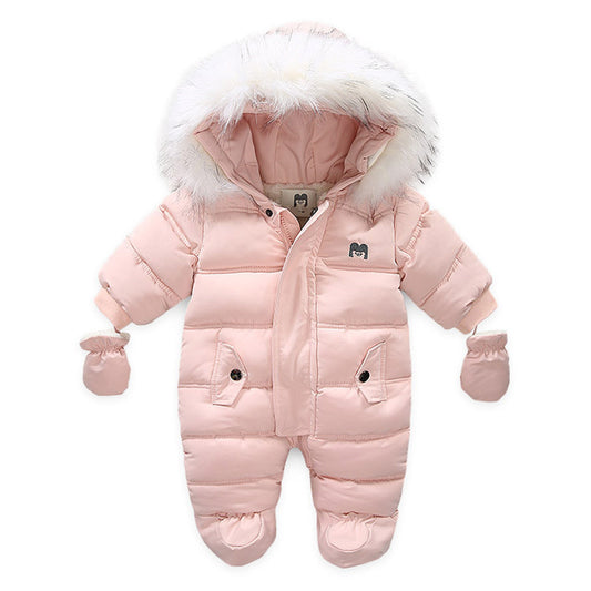 Autumn & Winter Baby Romper – European & American Style Thickened Jumpsuit with Gloves, Plus Velvet Warm Infant Outerwear