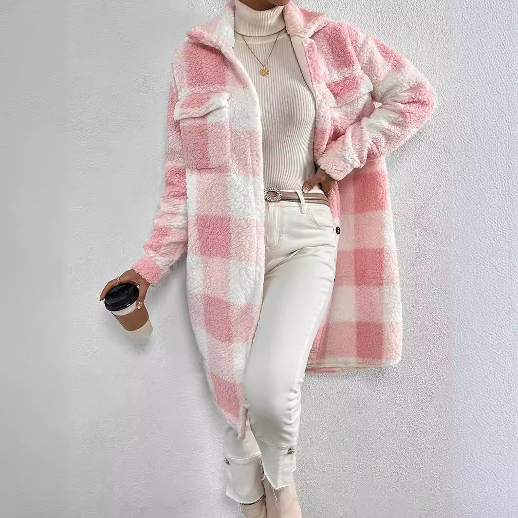 European Style Plaid Long Coat – Women’s Button-Down Plush Jacket for  2025-26 Fall/Winter