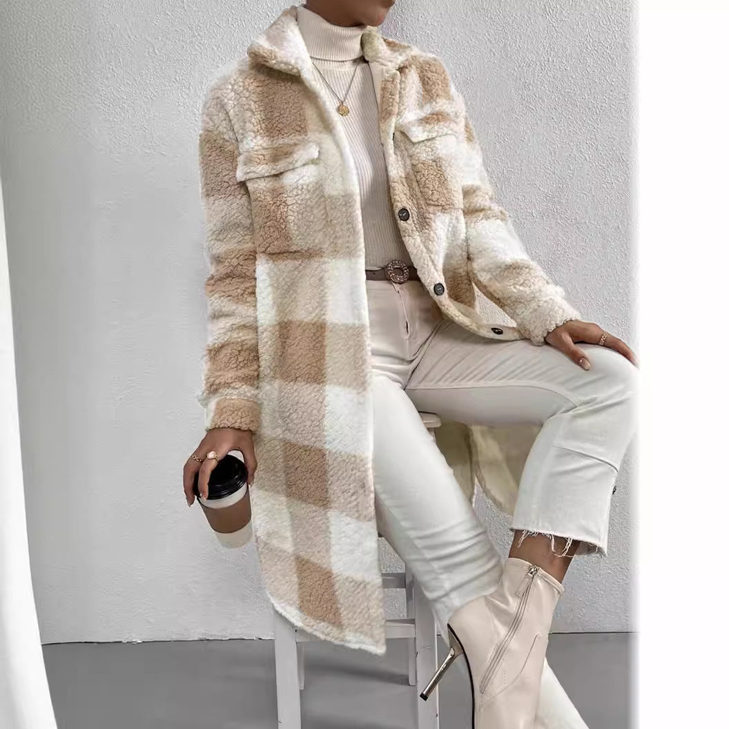 European Style Plaid Long Coat – Women’s Button-Down Plush Jacket for  2025-26 Fall/Winter