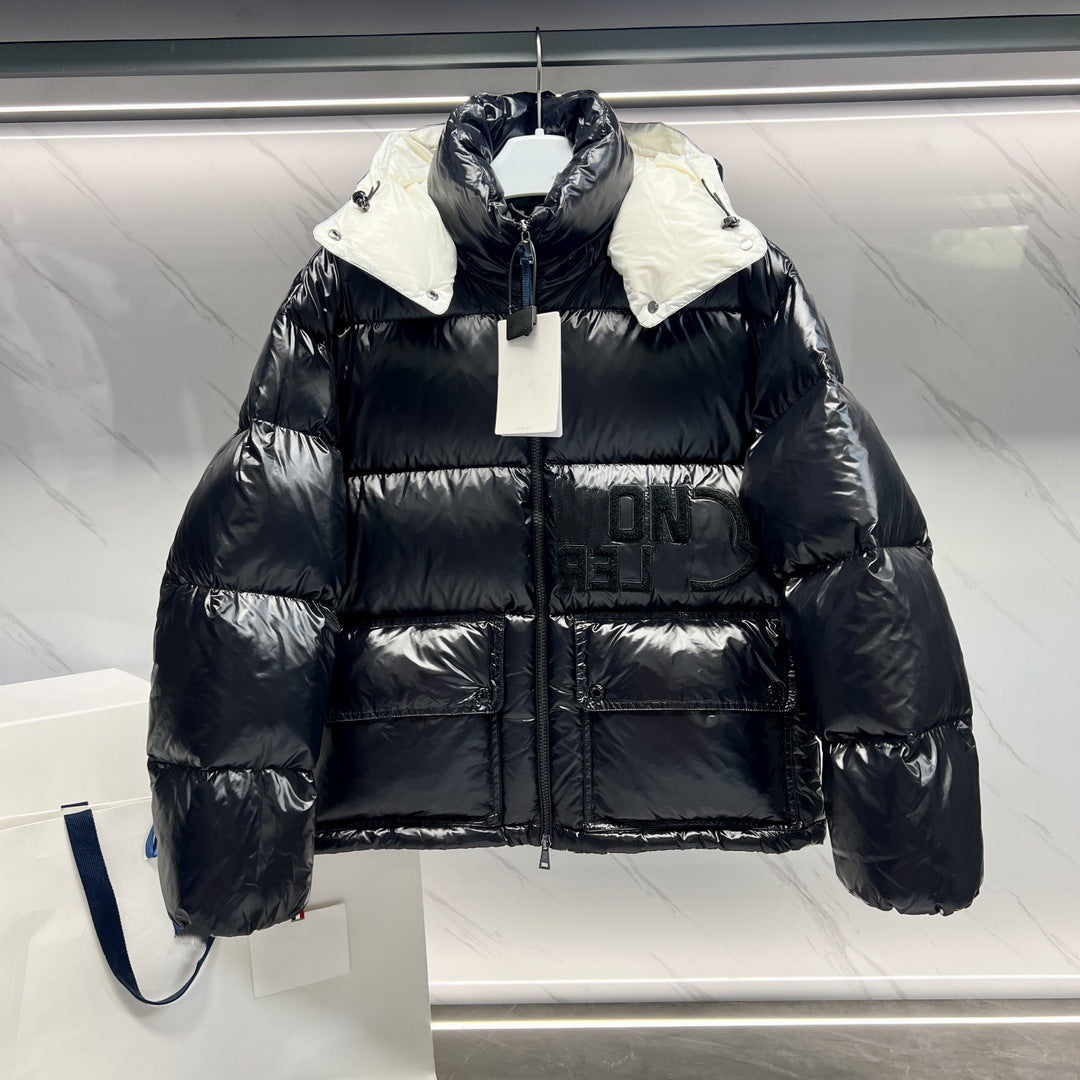 Unisex Lacquered Nylon Down Jacket – M Home 25SS Short Puffer with Detachable Hood