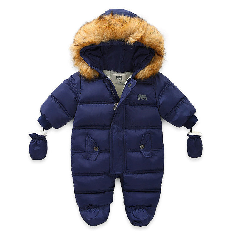 Autumn & Winter Baby Romper – European & American Style Thickened Jumpsuit with Gloves, Plus Velvet Warm Infant Outerwear