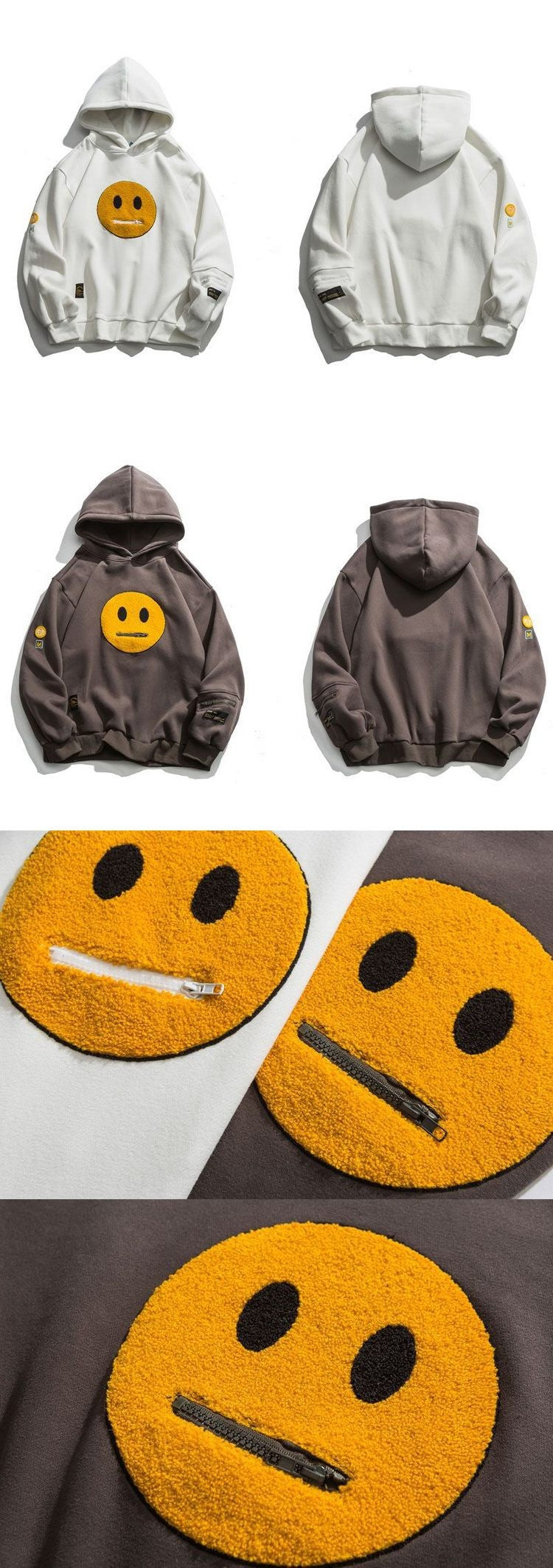 Men’s Streetwear Fleece Hoodie – Pullover Sweatshirt with Zipper Pocket & Smiley Patchwork