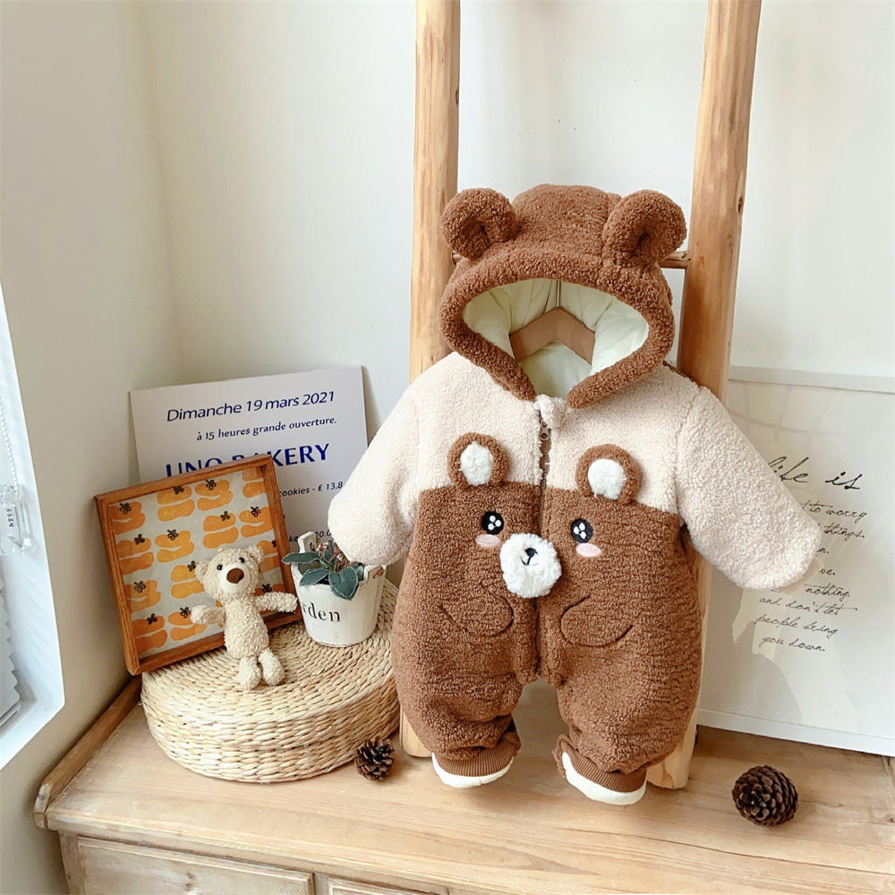 Baby Boy Winter One-Piece – Cotton Padded Crawling Outfit, Cartoon Bear Korean-Style Thick Romper