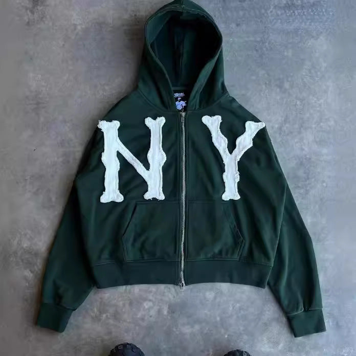 SS25 Embroidered Hoodie Jacket ā Unisex Zip-Up Streetwear Essential