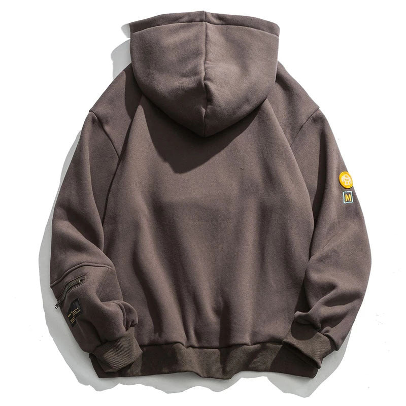 Men’s Streetwear Fleece Hoodie – Pullover Sweatshirt with Zipper Pocket & Smiley Patchwork