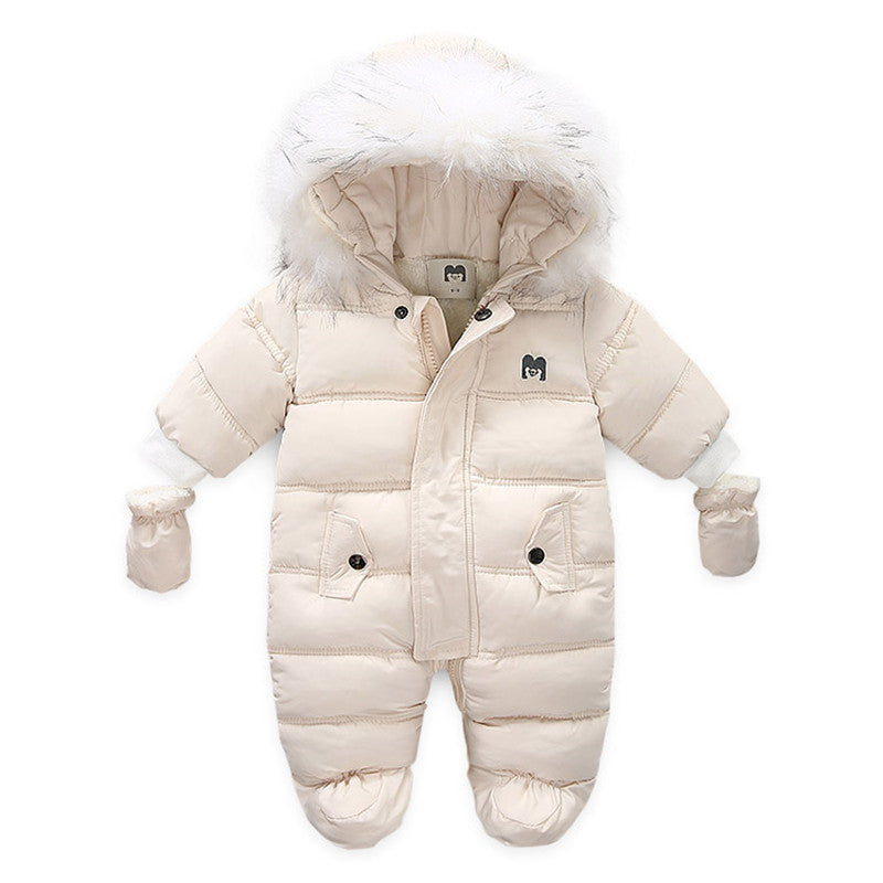 Autumn & Winter Baby Romper – European & American Style Thickened Jumpsuit with Gloves, Plus Velvet Warm Infant Outerwear