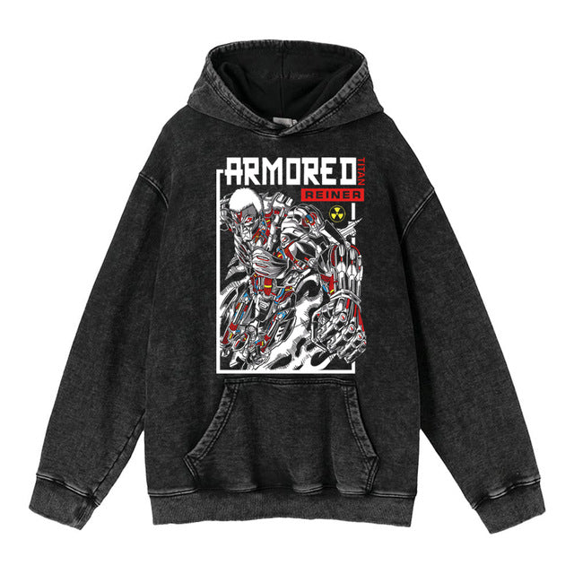 Retro Washed Unisex Hoodie – Titan Anime Peripheral Print | Fashionable Pullover Sweatshirt with Hood